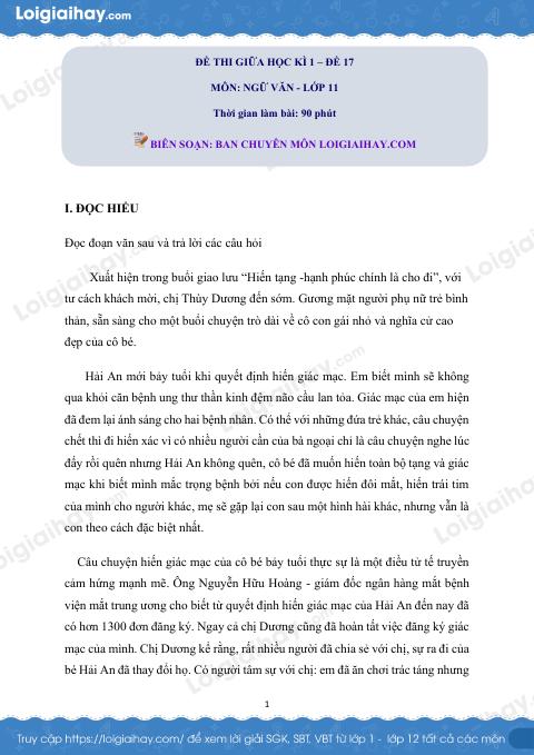 Đề kiểm tra giữa kì 1 Ngữ văn 11 - Đề số 17 có lời giải chi tiết